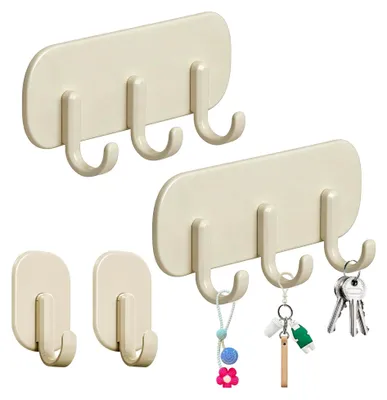 Produktbild von Magnetisches Schlüsselbrett, 2 Stück mit 3 Haken und 2 Stück mit 1 Haken, ohne Bohren, Magnethaken für Kühlschrank, Küche, Waschküche, Creme