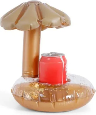 An inflatable drink holder shaped like a palm tree with a red can of soda inside.