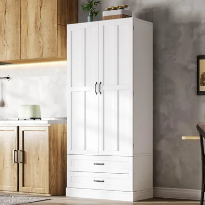 Produktbild von STILVORA Küchenschrank mit 3 Ausziehböden und Schubladen, Hochschrank mit Doppeltüren und Türregalen, Vorratsschrank für Küche, Esszimmer und Wohnzimmer