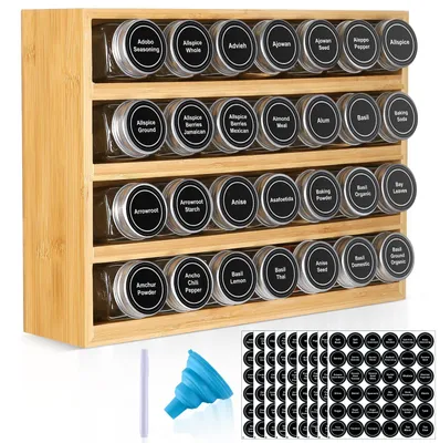 Produktbild von Gewürzregal aus Bambus mit 28 Gewürzgläsern, 780 Etiketten, 4 Ebenen, Kreidemarker und Trichter, zur Montage in Schubladen, Schränken, auf der Arbeitsplatte und an der Wand, inklusive leerer 120-ml-Glasbehälter und Streudeckel.