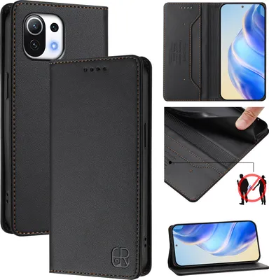 Obrázek produktu pro Kožené pouzdro pro Xiaomi Mi 11 Lite/Mi 11 Lite 5G Ne, flipové pouzdro s přihrádkami na karty, peněženkou a stojánkem Černý