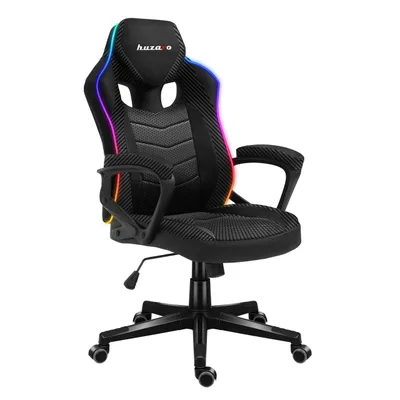 A black gaming chair with RGB lighting.