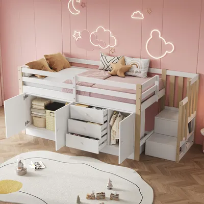 A child's loft bed with storage and stairs in a pink room.