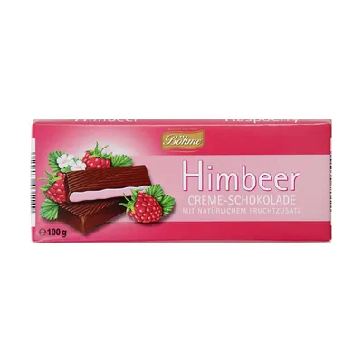 A chocolate bar with raspberry cream filling, depicted with fresh raspberries and leaves on a pink background.