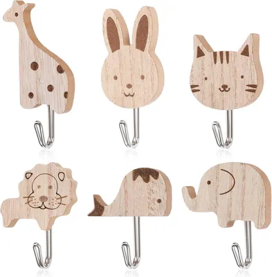 Produktbild von selbstklebende Kleiderhaken aus Holz mit Tiermotiven (Elefant, Wal, Katze…), für Schlafzimmer/Badezimmer.