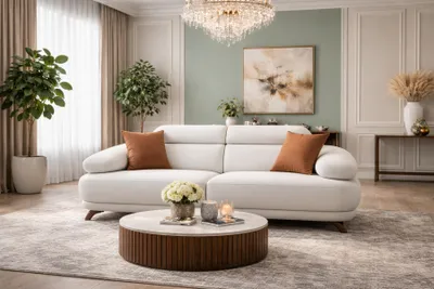 Zdjęcie produktu dla Elegancka sofa do salonu, tapicerowana, stylowa, trzyosobowa, wykonana z tkaniny
