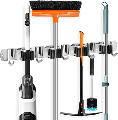 Imagen del producto de Soporte de pared para escobas y fregonas, con 5 ganchos, de acero inoxidable, ideal para la cocina y el garaje