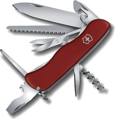 A red Victorinox multi-tool knife with several blades and tools extended, set against a white background.