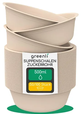 Produktbild von greenli® Einweg Suppenschalen 500ml - Nachhaltige Einwegschalen aus Zuckerrohr – 50 Suppenteller Einweg (braun)