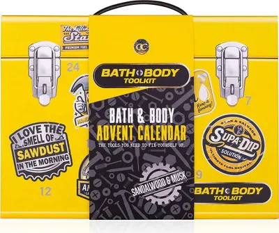 A yellow toolbox-shaped advent calendar with a "Bath & Body Toolkit" theme.