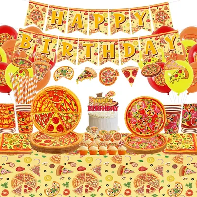 Zdjęcie produktu dla Zestaw dekoracji na przyjęcie urodzinowe w stylu "Pizza" dla dzieci, zawierający obrus