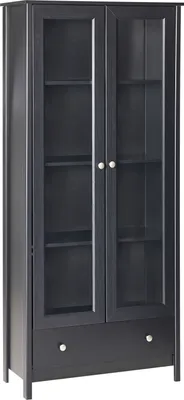 Produktbild von BELIANI Glasvitrine Schwarz 180 x 80 cm mit 4 Fächern 1 Schublade Skandi Stil Stauraum Aufbewahrung Vitrine für Wohnzimmer Esszimmer Küche