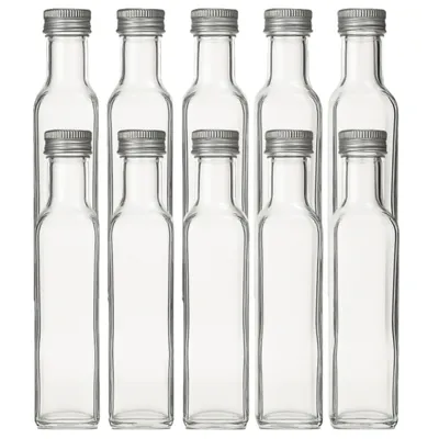 Produktbild von gouveo 10er Set Glasflasche 250 ml Maraska mit Schraubverschluss silberfarben - Leere Flasche 0,25 l zum Befüllen - Glasflasche für Likör, Essig, Öl