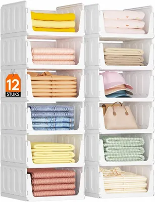 Productafbeelding van Stapelbare kastorganizers en opbergmanden - 12-delig - Plastic opbergbakken voor truien in de kledingkast - Voorraadkas