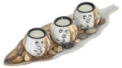 Obrázek produktu pro Relaxdays – svícen na čajové svíčky, 3 svícny, podnos ve tvaru listu, dekorativní kamínky, stolní dekorace do obývacího pokoje, svíčková dekorace, hnědá a bílá