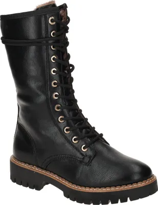 A single black lace-up boot is shown against a white background.