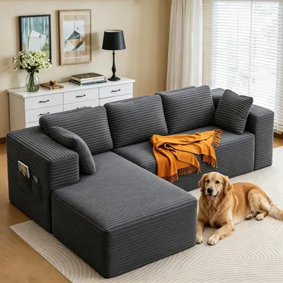 Produktbild von BEALIFE Ecksofa mit Recamiere links 4-Sitzer | Modulares Cord-Sofa | Dunkelgrau/Creme | AR35
