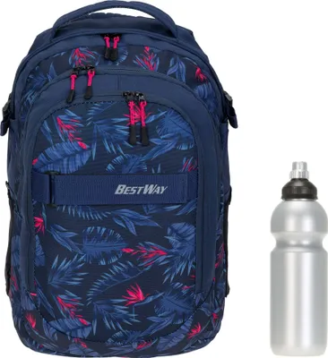 Produktbild von Schulrucksack Bestway Evolution Packer Rucksack Schultasche Schulmappe Brustgurt Polsterrücken Laptopfach 40177-5022 Blue Palm Blau + Bagboom Trinkflasche