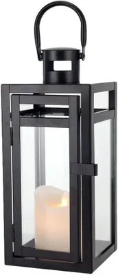 Image de Lanterne décorative de 30 cm, en métal, avec support pour bougies, en verre transparent, de couleur noire mate, idéale pour le salon