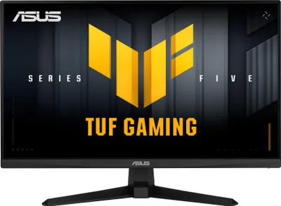 A computer monitor with the ASUS TUF Gaming logo and text displayed on the screen.