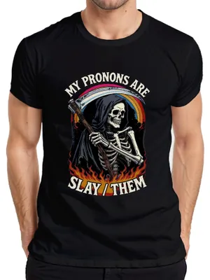 Productafbeelding van Sensenmann Skelett Pride My Pronouns Are Slay Them Gotische heren T-shirt, zwart, maat L