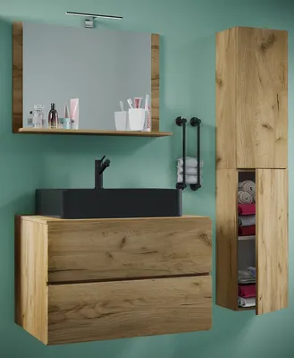 Produktbild von VCM 4-tlg. Waschplatz Waschtisch | schwarzes Waschbecken Unterschrank  Breite 60 cm |  Badmöbel Set mit Schubladen Drehtüren Spiegel | Lendas S BL