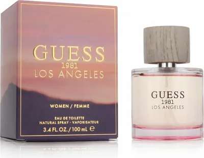 A perfume bottle and its packaging are displayed side-by-side against a white background.
