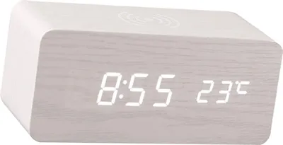 Obrázek produktu pro Digitální dřevěný budík Elektronický LED displej pro ložnici 10W bezdrátové nabíjení 3 nastavení budíku Datum a teplota, bílý