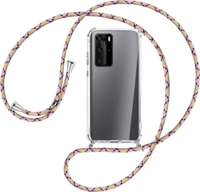 Produktbild von Handykette Backcover-Schutzhülle mit Band (Metall silberfarben) für Huawei P40 - rosa Karo