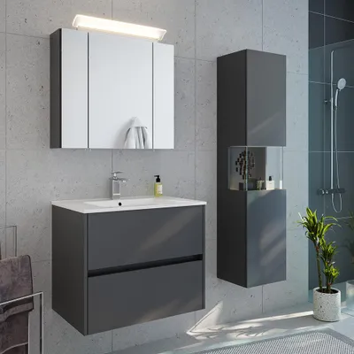 Produktbild von Badmöbel-Set 3-teilig mit 70 cm Waschtisch und Spiegelschrank mit LED-Beleuchtung in graphit matt - LIVIGNO-02
