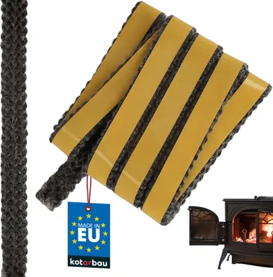 A roll of black adhesive sealing tape for a stove, with a small stove in the background.