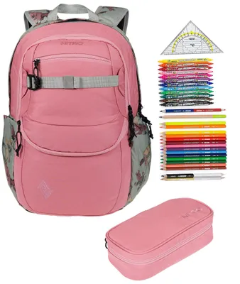 Produktbild von Schulrucksack Mädchen 3 Teile Set Nitro Future Hero Schultasche inkl. Mäppchen Box XL und Mäppchen Füllung 31 Teile Tasche rosa grün Woodrose +rmv