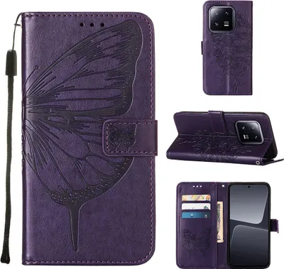 Produktbild von Lederhülle für Xiaomi 13 Pro Schmetterling Prägung Flip Ledertasche Kartenfächer Handyhülle mit Ständer Lila