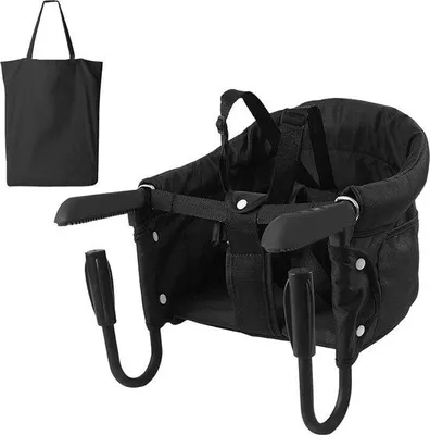 Produktbild von Unyqoos® Tischsitz, faltbar – Baby- & Kinder-Aufsatzsitz mit 7‑Punkt‑Gurt, Anti‑Rutsch‑Arme & Tragetasche, für Zuhause & unterwegs, belastbar bis 15 kg, schwarz