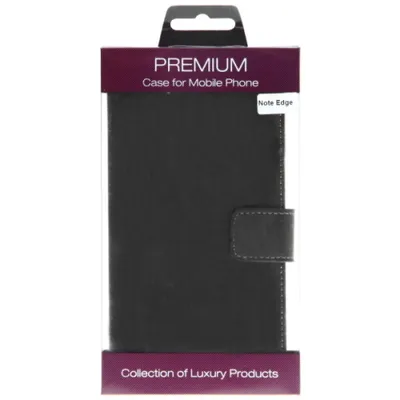A black mobile phone case is displayed in its retail packaging.