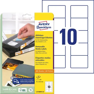 Produktbild von Avery Zweckform L4738REV-25 Etiketten für Speichermedien, 70 x 50,8 mm, 25 Blatt/250 Etiketten, weiß