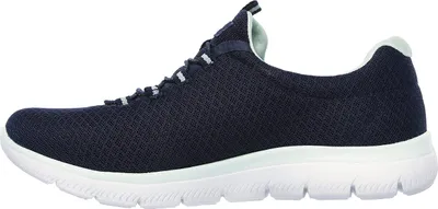 Side view of a blue Skechers shoe.