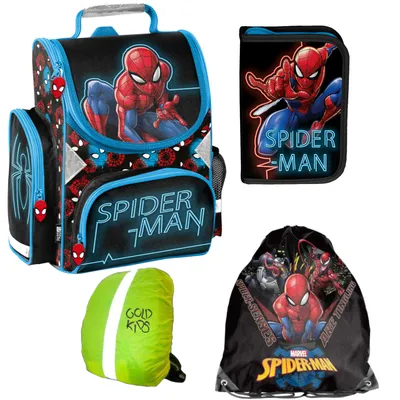 Produktbild von Spiderman Schulranzen ergonomischer Ranzen Turnbeutel Federmappe Aufgabenheft für die Grundschule 4er Set Lizenzartikel Marvel Spiderman Spider-man Comics