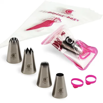 Immagine prodotto di Set di 4 bocchette per sac à poche, in acciaio inossidabile, modelli #1C, #356, #9FT, #8A, con 5 sacchetti monouso
