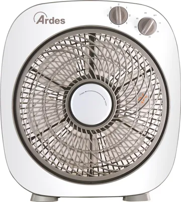 A white and gray Ardes box fan is shown from the front.