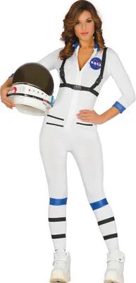 A woman wearing an astronaut costume, holding a helmet.