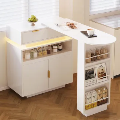 Image de Table d'appoint extensible avec éclairage LED, îlot de cuisine avec espaces de rangement et tiroirs, rotation à 360°, blanc, 115-183 x 40 x 99 cm