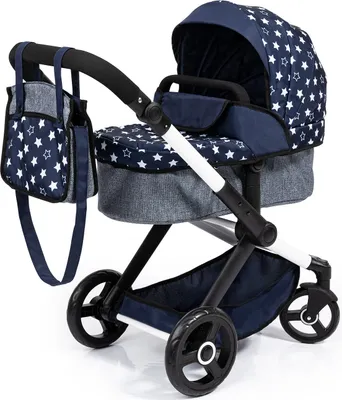 Produktbild von Bayer Design 17015AA Kombi-Puppenwagen Xeo mit Tasche, verstellbarer Griff, wandelbar als Jogger, schwenkbare Vorderräder, dunkelblau mit Sternen