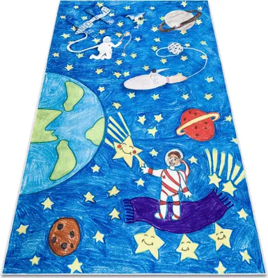 Produktbild von BAMBINO 2265 Waschteppich Weltraum, Rakete für Kinder Anti-Rutsch - blau Blau 140x190 cm