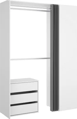 An open wardrobe structure with shelves and drawers, against a white background.