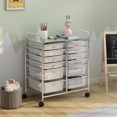 Obrázok produktu pre Úložný vozík s kolieskami, 12 vyberateľných zásuviek, mobilná úložná veža, s podnosom a držadlami, vozík na kolieskach do obývačky, kancelárie, spálne, 64 x 38 x 75 cm (priehľadný)