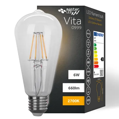 Zdjęcie produktu dla MasterLED - Żarówka - Trzonek E27 ST64 - Ciepła biel 2700 K - 720 lm - 6 W - Przezroczyste szkło - Żarówka e27 - Żarówka e27 - Żarówka e27