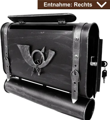 Produktbild von Briefkasten Retro alter Koffer mit Posthorn Postkasten mit Zeitungsfach Vintage Schwarz Gold Kupfer Silber Wandbriefkasten Antik Design - Farbe: Schwarz-Silber | Entnahme: Rechts