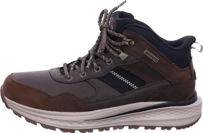 A side view of a brown hiking boot against a white background.