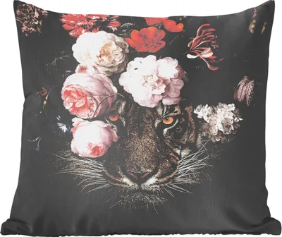 Produktbild von MuchoWow® Zierkissen Sofakissen Wohnzimmer Dekokissen 50x50 cm Tiger - Blumen - Kunst - Komfort - Sofakissen